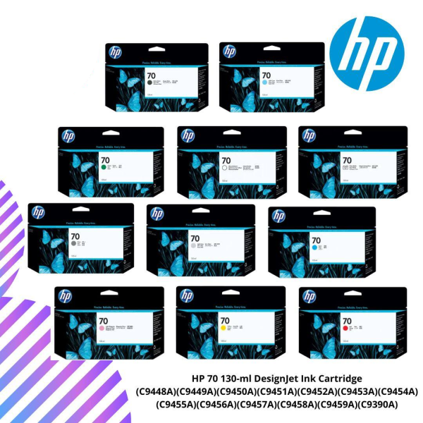 HP 70 130-ml DesignJet Ink Cartridge (C9448A)(C9449A)(C9450A)(C9451A)(C9452A)(C9453A)(C9454A)(C9455A)(C9456A)(C9457A)(C9458A)(C9459A)(C9390A)