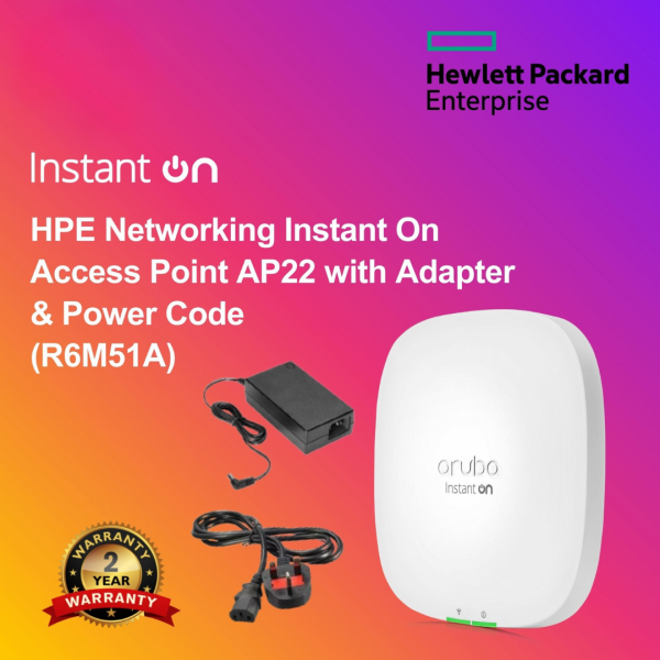 HPE Networking Instant On Access Point AP22 with Adapter & Power Code  (R6M51A)