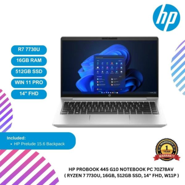 [READY STOCK] HP ProBook 445 G10 Notebook PC 70Z78AV  ( Ryzen 7 7730U, 16GB, 512GB SSD, 14" FHD, W11P )