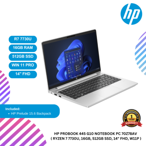 [READY STOCK] HP ProBook 445 G10 Notebook PC 70Z78AV  ( Ryzen 7 7730U, 16GB, 512GB SSD, 14" FHD, W11P )