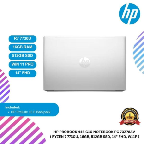 [READY STOCK] HP ProBook 445 G10 Notebook PC 70Z78AV  ( Ryzen 7 7730U, 16GB, 512GB SSD, 14" FHD, W11P )