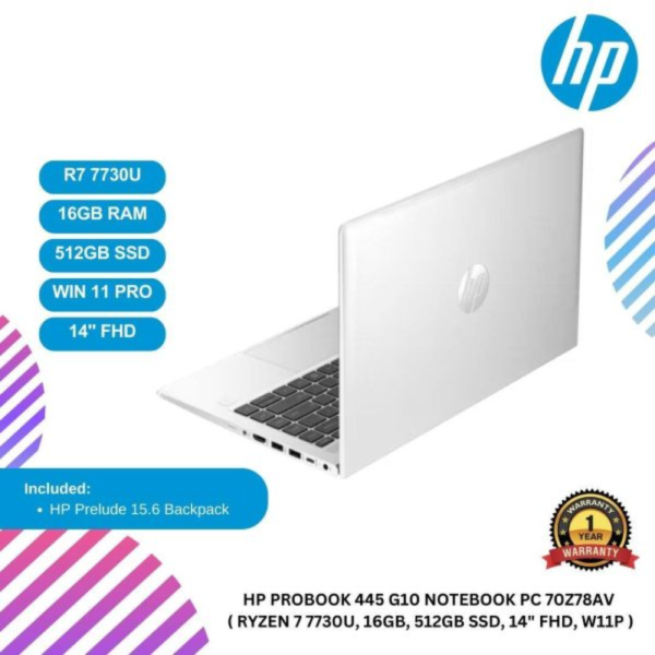 [READY STOCK] HP ProBook 445 G10 Notebook PC 70Z78AV  ( Ryzen 7 7730U, 16GB, 512GB SSD, 14" FHD, W11P )