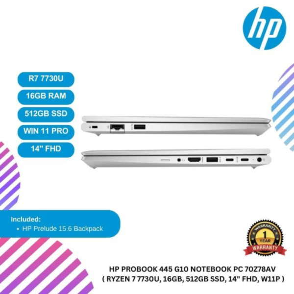 [READY STOCK] HP ProBook 445 G10 Notebook PC 70Z78AV  ( Ryzen 7 7730U, 16GB, 512GB SSD, 14" FHD, W11P )