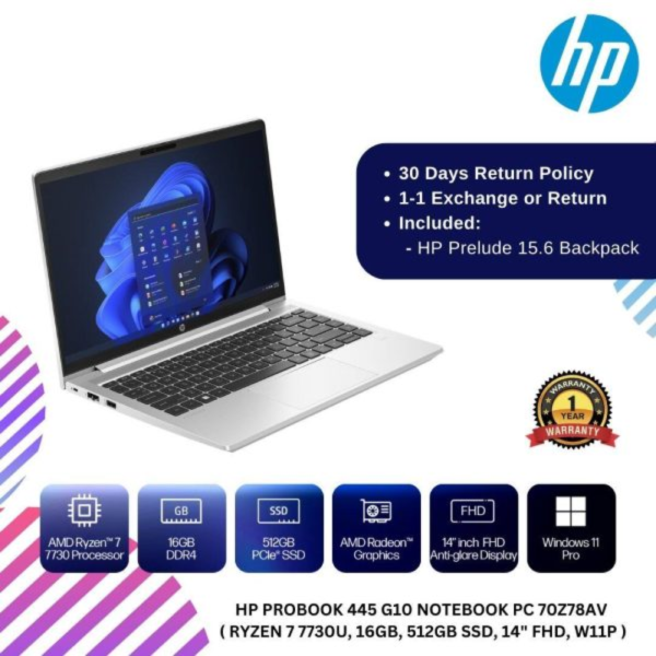 [READY STOCK] HP ProBook 445 G10 Notebook PC 70Z78AV  ( Ryzen 7 7730U, 16GB, 512GB SSD, 14" FHD, W11P )