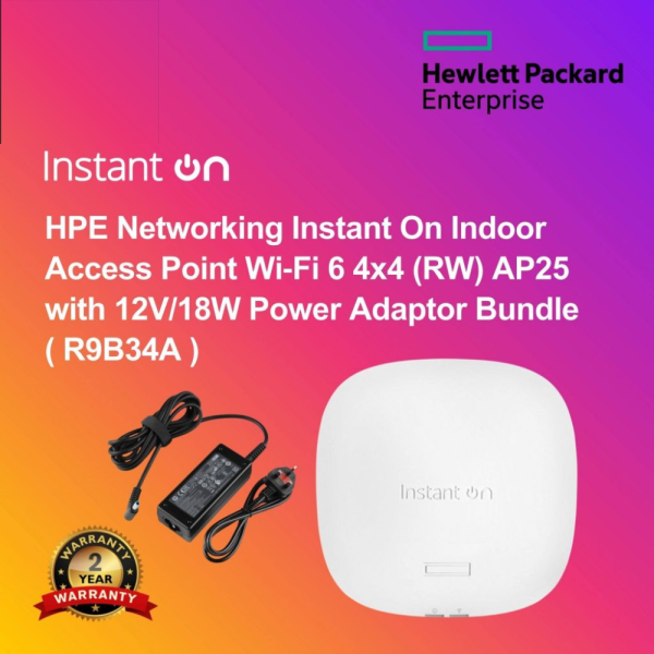 HPE Networking Instant On Indoor Access Point Wi‑Fi 6 4x4 (RW) AP25 with 12V/18W Power Adaptor Bundle ( R9B34A )