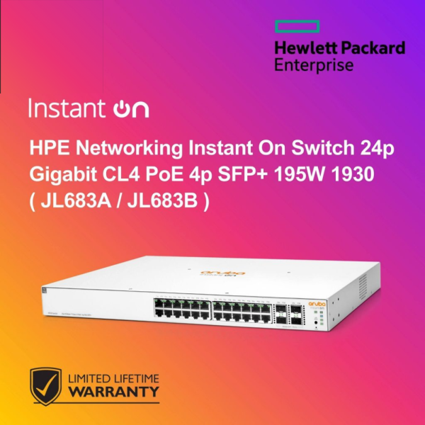 HPE Networking Instant On Switch 24p Gigabit CL4 PoE 4p SFP+ 370W 1930 ( JL684A / JL684B )