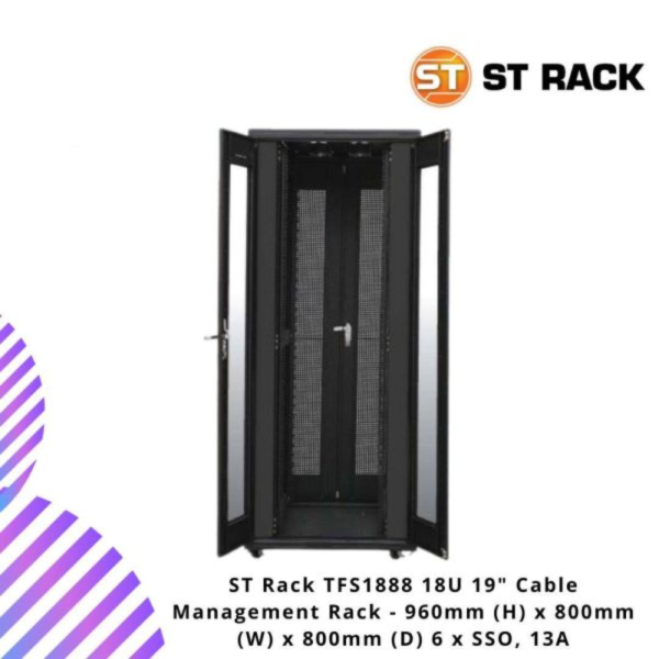 ST Rack TFS1888 18U 19" Cable Management Rack - 960mm (H) x 800mm (W) x 800mm (D) 6 x SSO, 13A