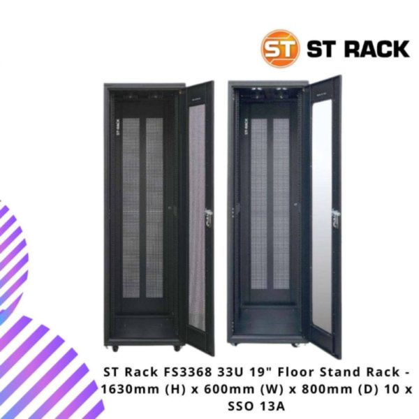ST Rack FS3368 33U 19" Floor Stand Rack - 1630mm (H) x 600mm (W) x 800mm (D) 10 x SSO 13A