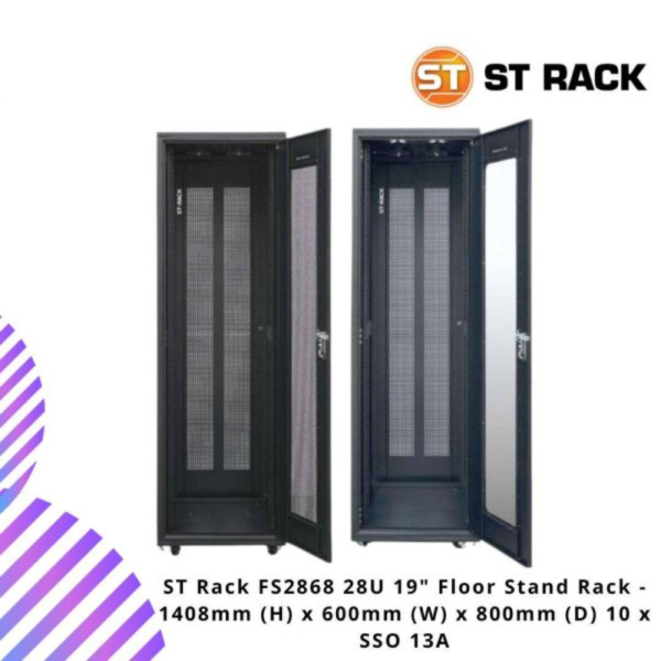 ST Rack FS2868 28U 19" Floor Stand Rack - 1408mm (H) x 600mm (W) x 800mm (D) 10 x SSO 13A