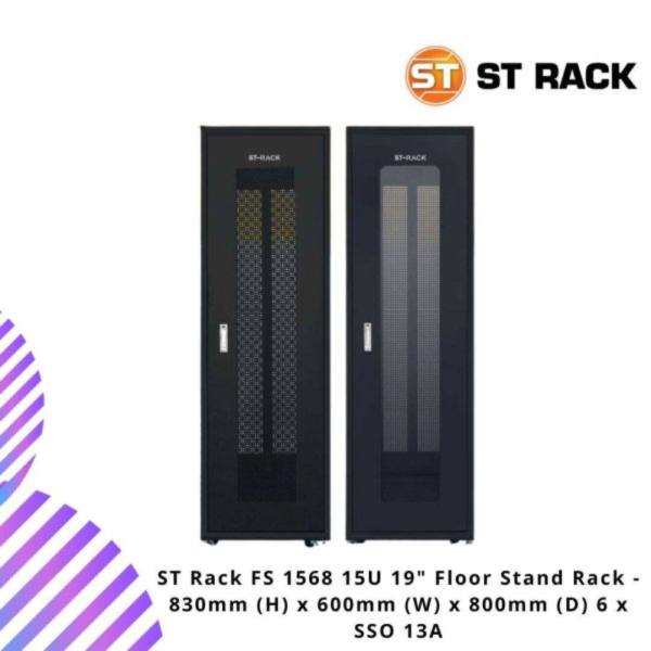ST Rack FS1568 15U 19" Floor Stand Rack - 830mm (H) x 600mm (W) x 800mm (D)  6 x SSO 13A