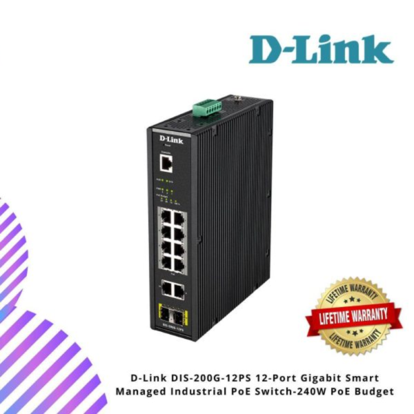 D-Link DIS-200G-12PS 12-Port Gigabit Smart Managed Industrial PoE Switch-240W PoE Budget