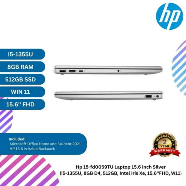HP 15-fd0059TU Laptop 15.6 inch Silver (i5-1355U, 8GB D4, 512GB, Intel Iris Xe, 15.6''FHD, W11)