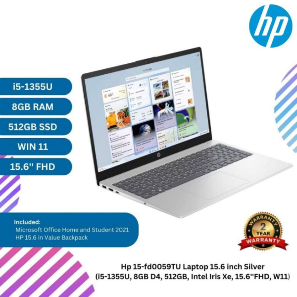 HP 15-fd0059TU Laptop 15.6 inch Silver (i5-1355U, 8GB D4, 512GB, Intel Iris Xe, 15.6''FHD, W11)