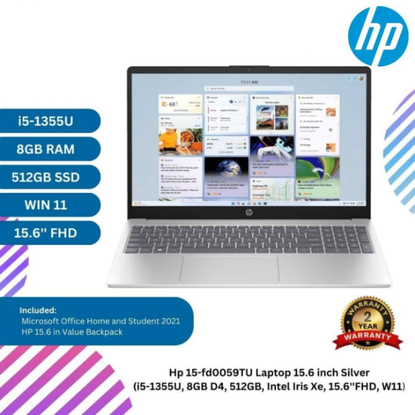 HP 15-fd0059TU Laptop 15.6 inch Silver (i5-1355U, 8GB D4, 512GB, Intel Iris Xe, 15.6''FHD, W11)