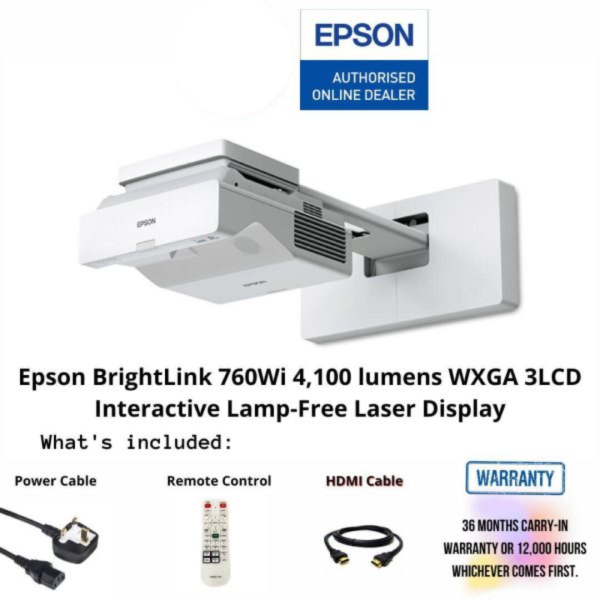 Epson BrightLink EB-760Wi 4,100 lumens WXGA 3LCD Interactive Lamp-Free Laser Ultra Short Throw Projector