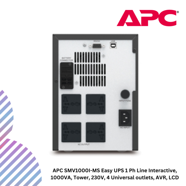 APC SMV1000I-MS Easy UPS 1 Ph Line Interactive, 1000VA, Tower, 230V, 4 Universal outlets, AVR, LCD