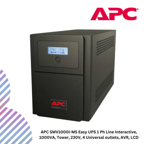 APC SMV1000I-MS Easy UPS 1 Ph Line Interactive, 1000VA, Tower, 230V, 4 Universal outlets, AVR, LCD