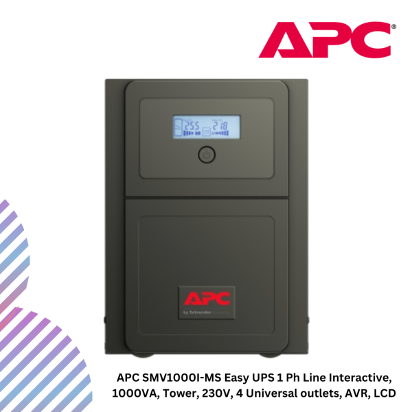 APC SMV1000I-MS Easy UPS 1 Ph Line Interactive, 1000VA, Tower, 230V, 4 Universal outlets, AVR, LCD