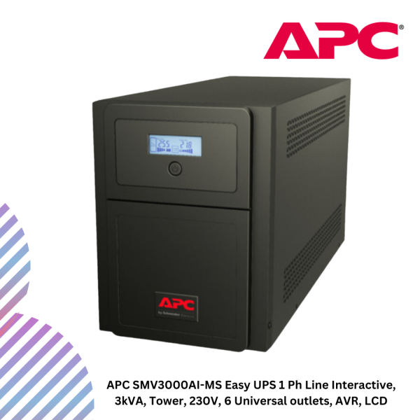 APC SMV3000AI-MS Easy UPS 1 Ph Line Interactive, 3kVA, Tower, 230V, 6 Universal outlets, AVR, LCD