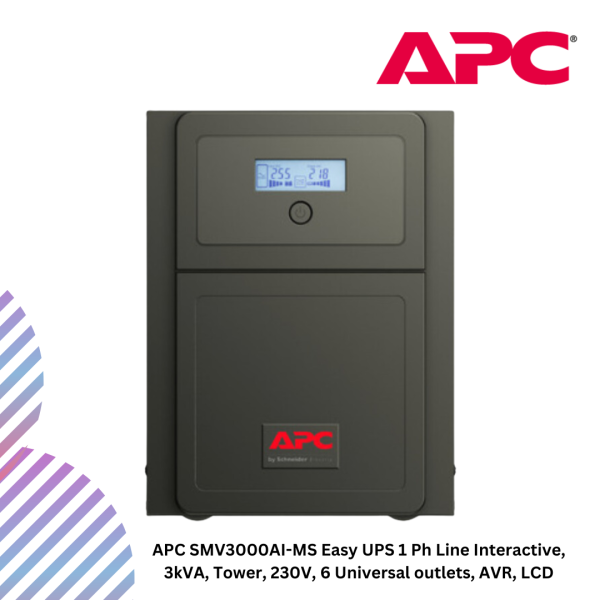 APC SMV3000AI-MS Easy UPS 1 Ph Line Interactive, 3kVA, Tower, 230V, 6 Universal outlets, AVR, LCD