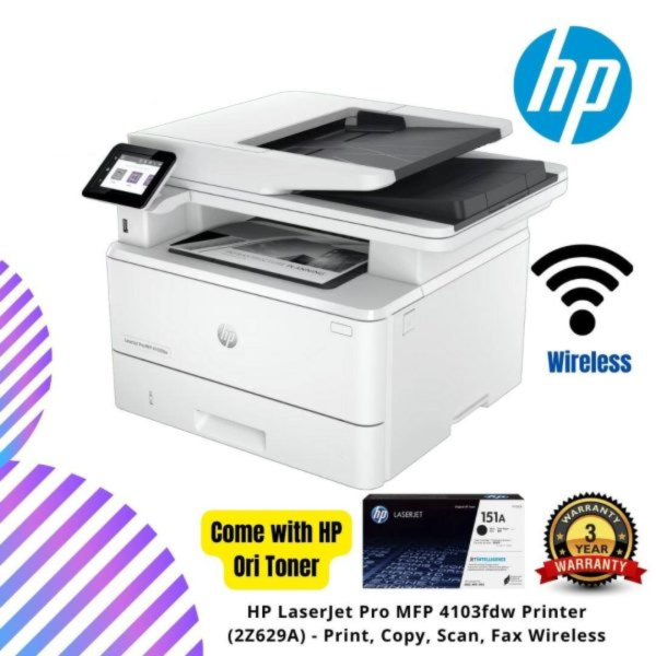 HP LaserJet Pro MFP 4103fdw Printer (2Z629A) - Print, Copy, Scan, Fax Wireless