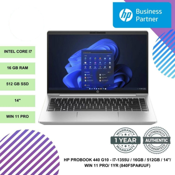 HP PROBOOK 440 G10 - I7-1355U / 16GB / 512GB / 14"/ WIN 11 PRO/ 1YR (840F5PA#UUF)