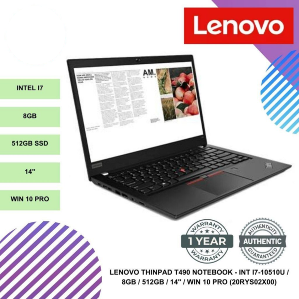 LENOVO THINPAD T490 NOTEBOOK - INT I7-10510U / 8GB / 512GB / 14" / WIN 10 PRO (20RYS02X00)