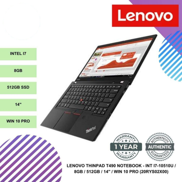 LENOVO THINPAD T490 NOTEBOOK - INT I7-10510U / 8GB / 512GB / 14" / WIN 10 PRO (20RYS02X00)