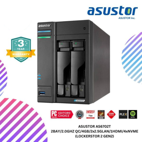 ASUSTOR AS6702T 2BAY/2.0GHZ QC/4GB/2x2.5GLAN/1HDMI/4xNVME (LOCKERSTOR 2 GEN2)