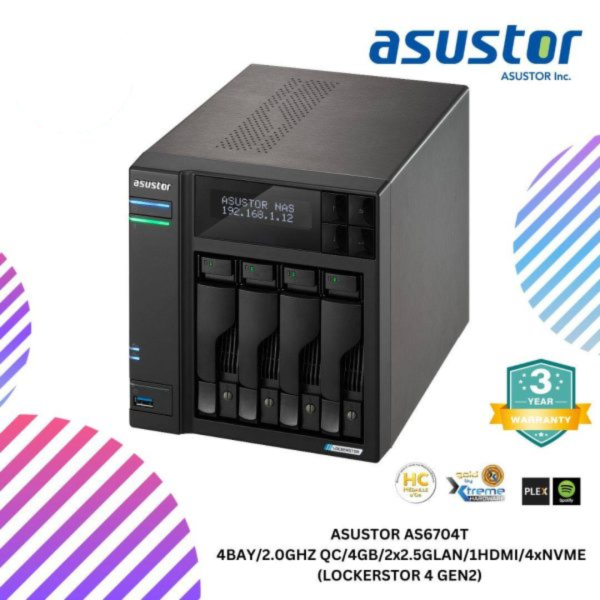 ASUSTOR AS6704T  4BAY/2.0GHZ QC/4GB/2x2.5GLAN/1HDMI/4xNVME (LOCKERSTOR 4 GEN2)