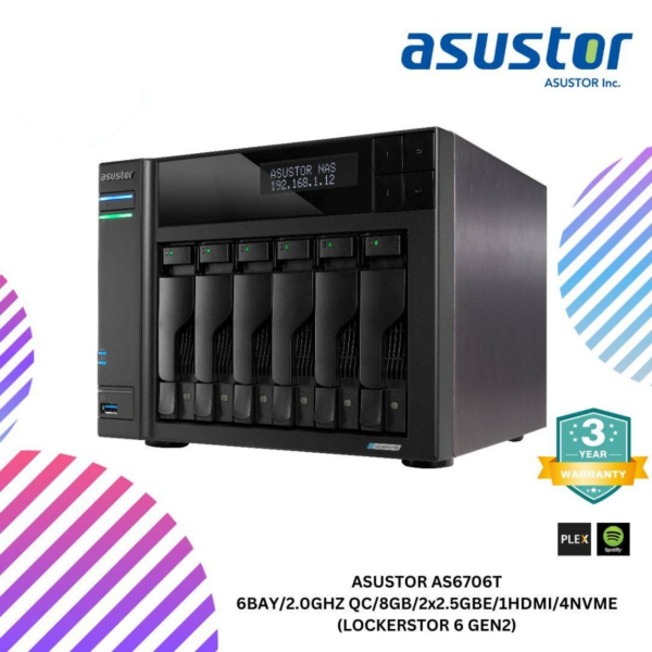 ASUSTOR AS6706T 6BAY/2.0GHZ QC/8GB/2x2.5GBE/1HDMI/4NVME (LOCKERSTOR 6 GEN2)