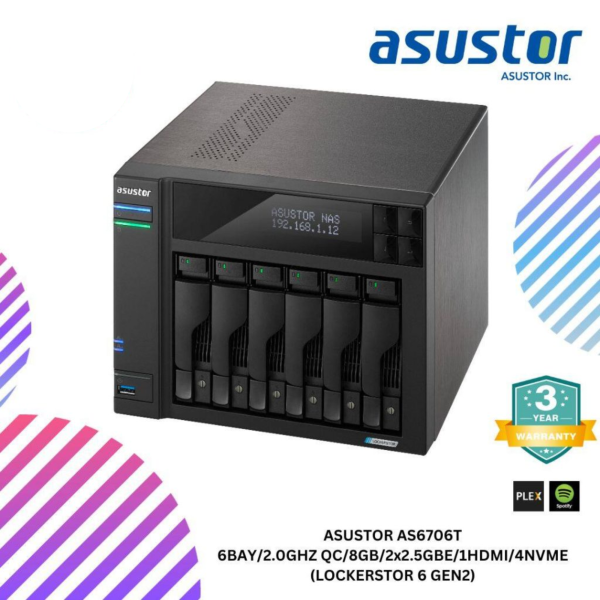 ASUSTOR AS6706T 6BAY/2.0GHZ QC/8GB/2x2.5GBE/1HDMI/4NVME (LOCKERSTOR 6 GEN2)