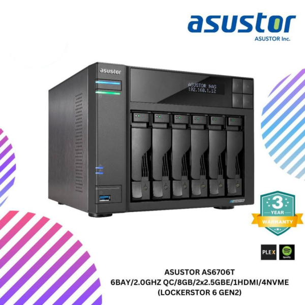 ASUSTOR AS6706T 6BAY/2.0GHZ QC/8GB/2x2.5GBE/1HDMI/4NVME (LOCKERSTOR 6 GEN2)