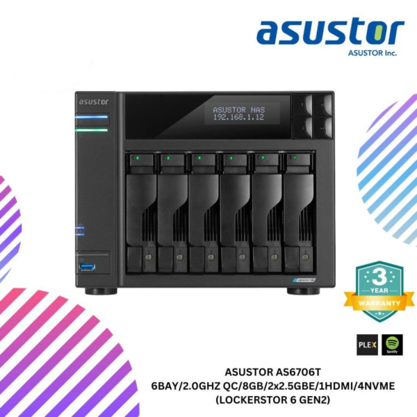 ASUSTOR AS6706T 6BAY/2.0GHZ QC/8GB/2x2.5GBE/1HDMI/4NVME (LOCKERSTOR 6 GEN2)