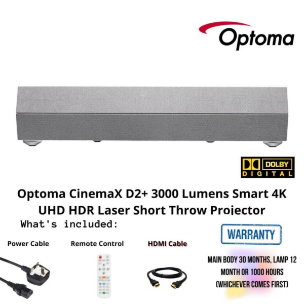 Optoma CinemaX D2+ 3000 Lumens Smart 4K UHD HDR Laser Short Throw Projector