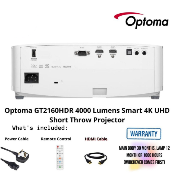 Optoma GT2160HDR 4000 Lumens Smart 4K UHD Short Throw Projector