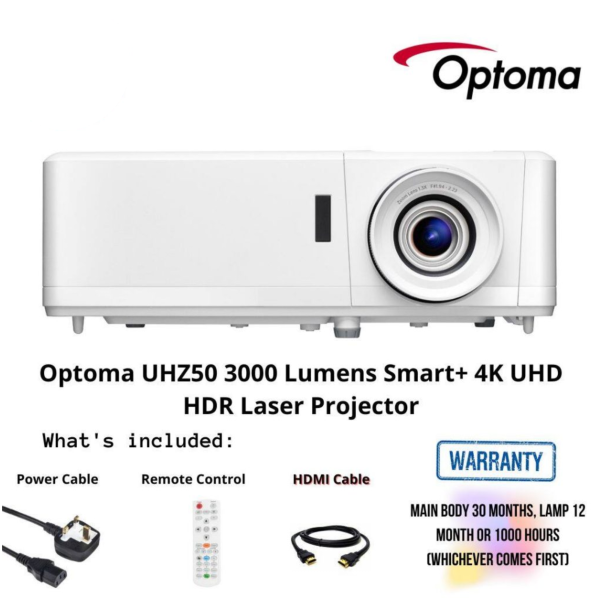 Optoma UHZ50 3000 Lumens Smart+ 4K UHD HDR Laser Projector