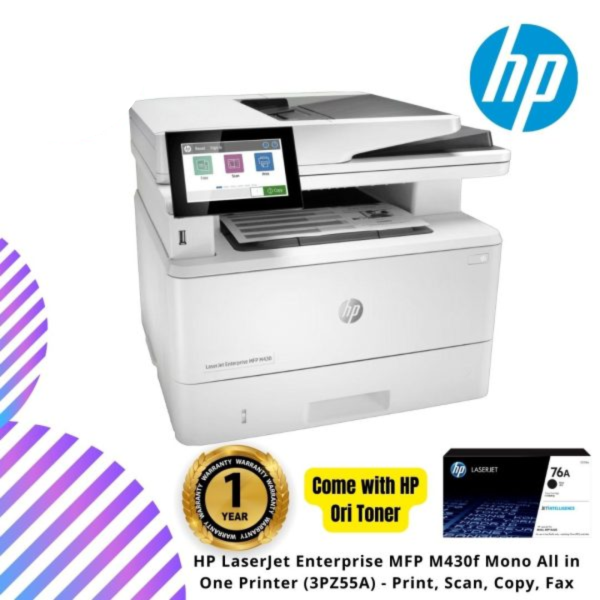 HP LaserJet Enterprise MFP M430f Mono All in One Printer (3PZ55A) - Print, Scan, Copy, Fax