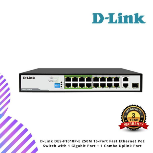 Untitled-design-2024-12-12T095155.893.png D-Link DES-F1018P-E 250M 16-Port Fast Ethernet PoE Switch with 1 Gigabit Port + 1 Combo Uplink Port