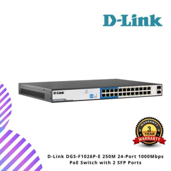 D-Link DGS-F1026P-E 250M 24-Port 1000Mbps PoE Switch with 2 SFP Ports