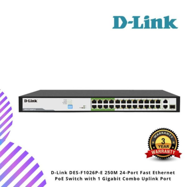Untitled-design-86.png D-Link DES-F1026P-E 250M 24-Port Fast Ethernet PoE Switch with 1 Gigabit Combo Uplink Port
