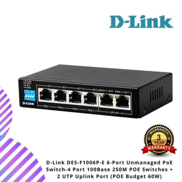D-Link DES-F1006P-E 6-Port Unmanaged PoE Switch-4 Port 100Base 250M POE Switches + 2 UTP Uplink Port (POE Budget 60W)
