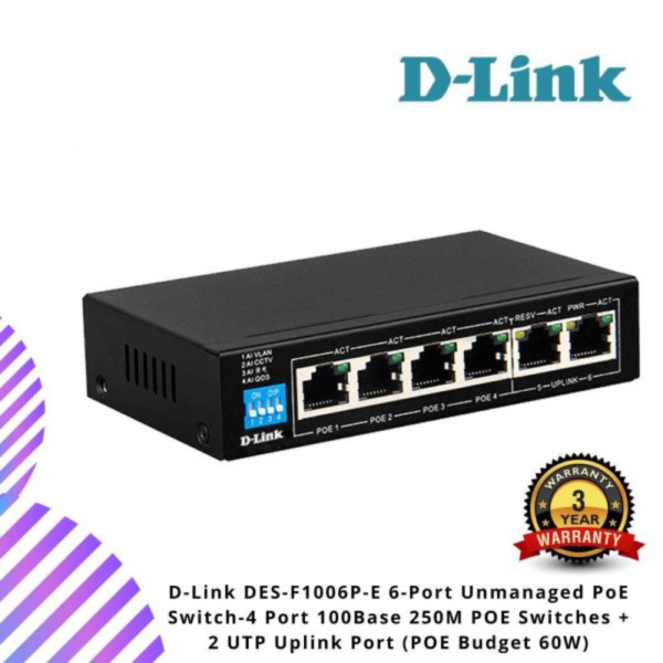 D-Link DES-F1006P-E 6-Port Unmanaged PoE Switch-4 Port 100Base 250M POE Switches + 2 UTP Uplink Port (POE Budget 60W)