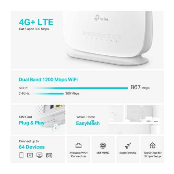 TP-LINK Archer MR505 AC1200 4G LTE Advanced Cat6 Gigabit Router