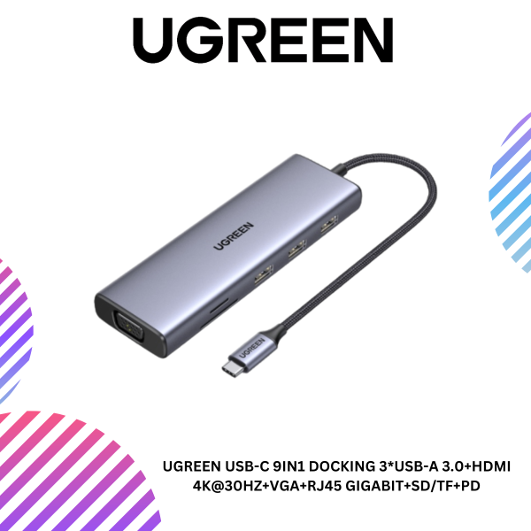 UGREEN USB-C 9IN1 DOCKING 3*USB-A 3.0+HDMI 4K@30HZ+VGA+RJ45 GIGABIT+SD/TF+PD