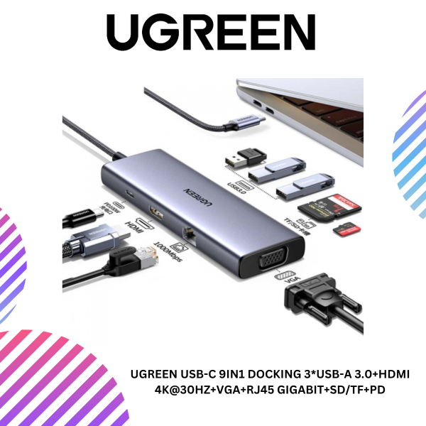 UGREEN USB-C 9IN1 DOCKING 3*USB-A 3.0+HDMI 4K@30HZ+VGA+RJ45 GIGABIT+SD/TF+PD