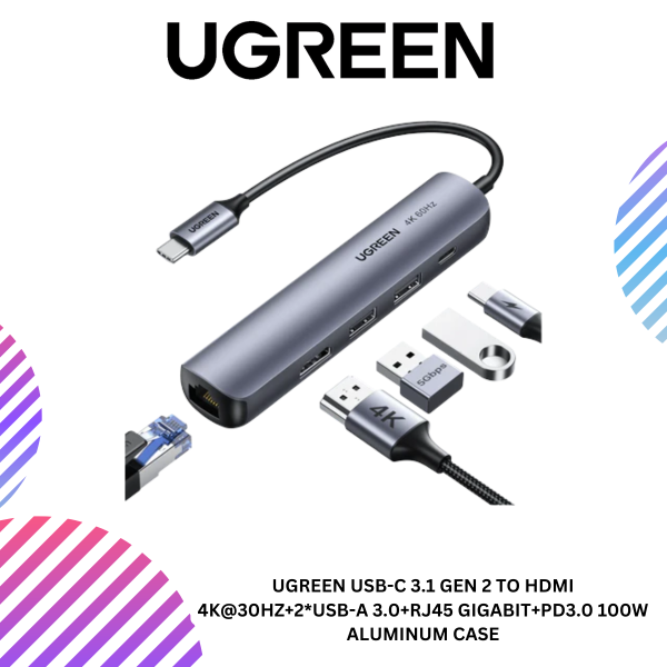 UGREEN USB-C 3.1 GEN 2 TO HDMI 4K@30HZ+2*USB-A 3.0+RJ45 GIGABIT+PD3.0 100W ALUMINUM CASE