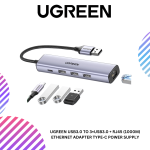 UGREEN USB3.0 TO 3×USB3.0 + RJ45 (1000M) ETHERNET ADAPTER TYPE-C POWER SUPPLY