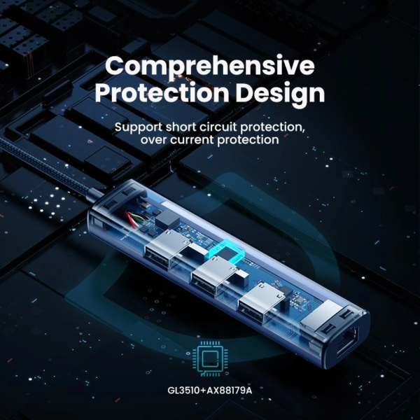 UGREEN USB3.0 TO 3×USB3.0 + RJ45 (1000M) ETHERNET ADAPTER TYPE-C POWER SUPPLY