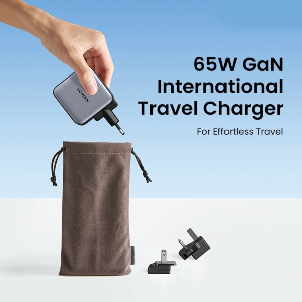 UGREEN 65W 2C1A WORLDWIDE TRAVEL GAN FAST CHARGER INTERCHANGEABLE UK/US/EU PLUGS
